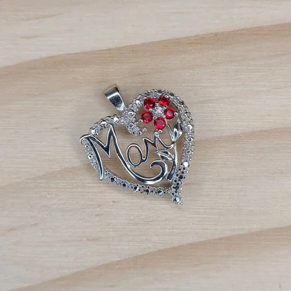 Vtg Sterling Silver Heart Pendant "Mom" Design Red Crystal Flower Accents 0.8" - Picture 2 of 6